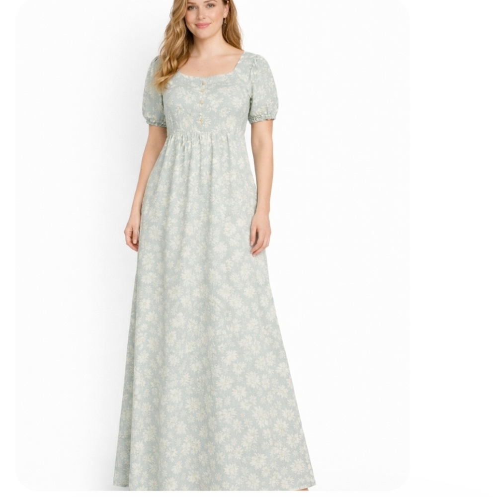 Soft Sage Plus Size Cottagecore Textured Floral Maxi Dress